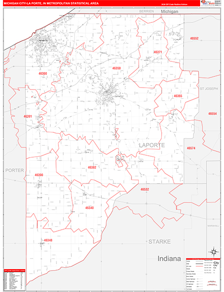 Michigan City-La Porte Metro Area Wall Map Red Line Style